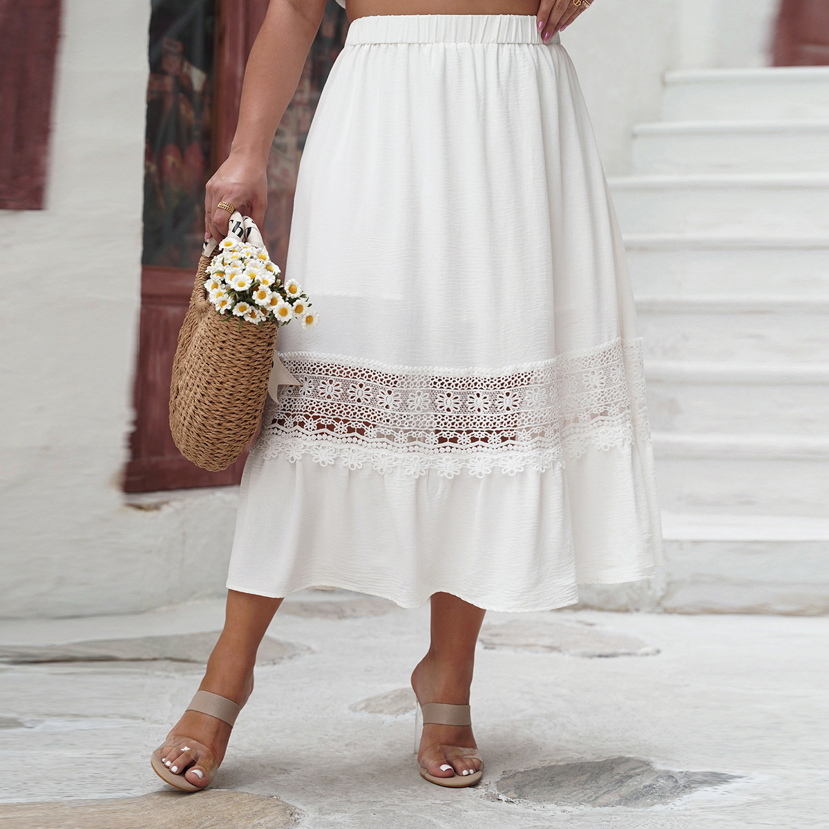 Women's Clothing casual skirt 2024 autumn and winter temperament elegant high waist hollow white long skirt_voghion.com