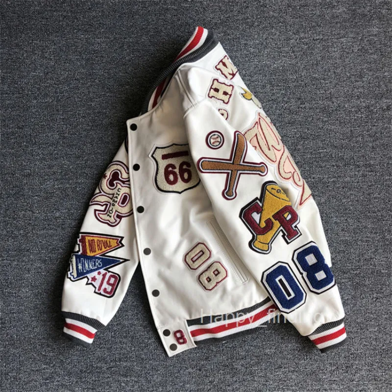 Giacche da uomo, uniformi da baseball, stile retrò Y2K, giacca in pelle, ricamo pesante, cappotto corto bianco_voghion.com
