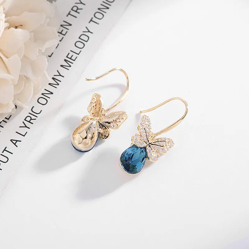 Boucles d'oreilles de style coréen de nouvelle marque 2024, ensemble de micro-boucles d'oreilles minimalistes en zircon, boucles d'oreilles papillon en cristal bleu_voghion.com