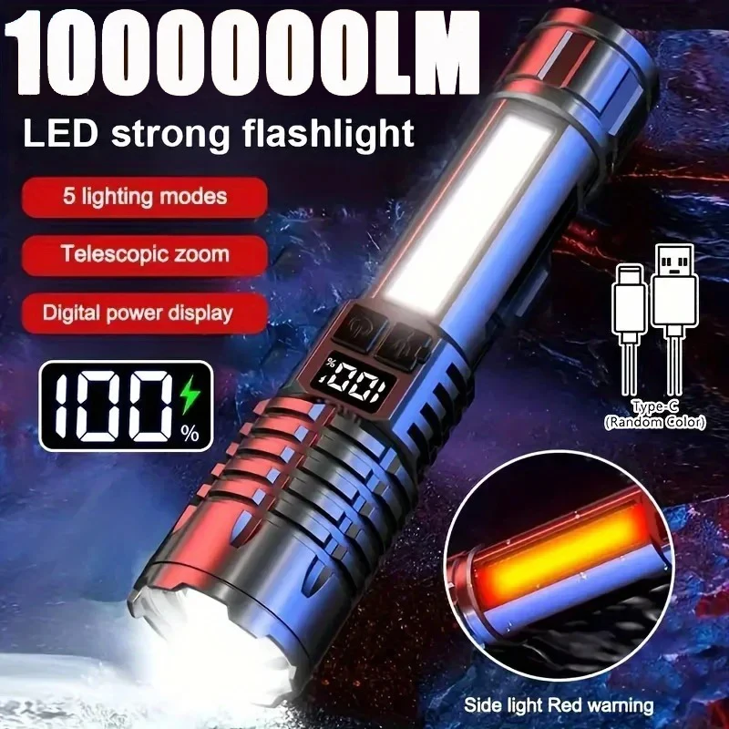 Hochleistungs-LED-Taschenlampe, leistungsstarke, wiederaufladbare COB-Taschenlampe vom Typ C mit Seitenlicht, Taschenlampe für Outdoor-Camping-Wandern_voghion.com