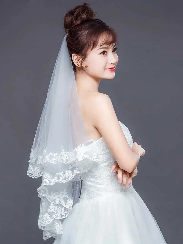 Velo bianco a due strati con bordo in pizzo, sexy, corto, lunghezza vita, da sposa, con pettine, per la sposa_voghion.com