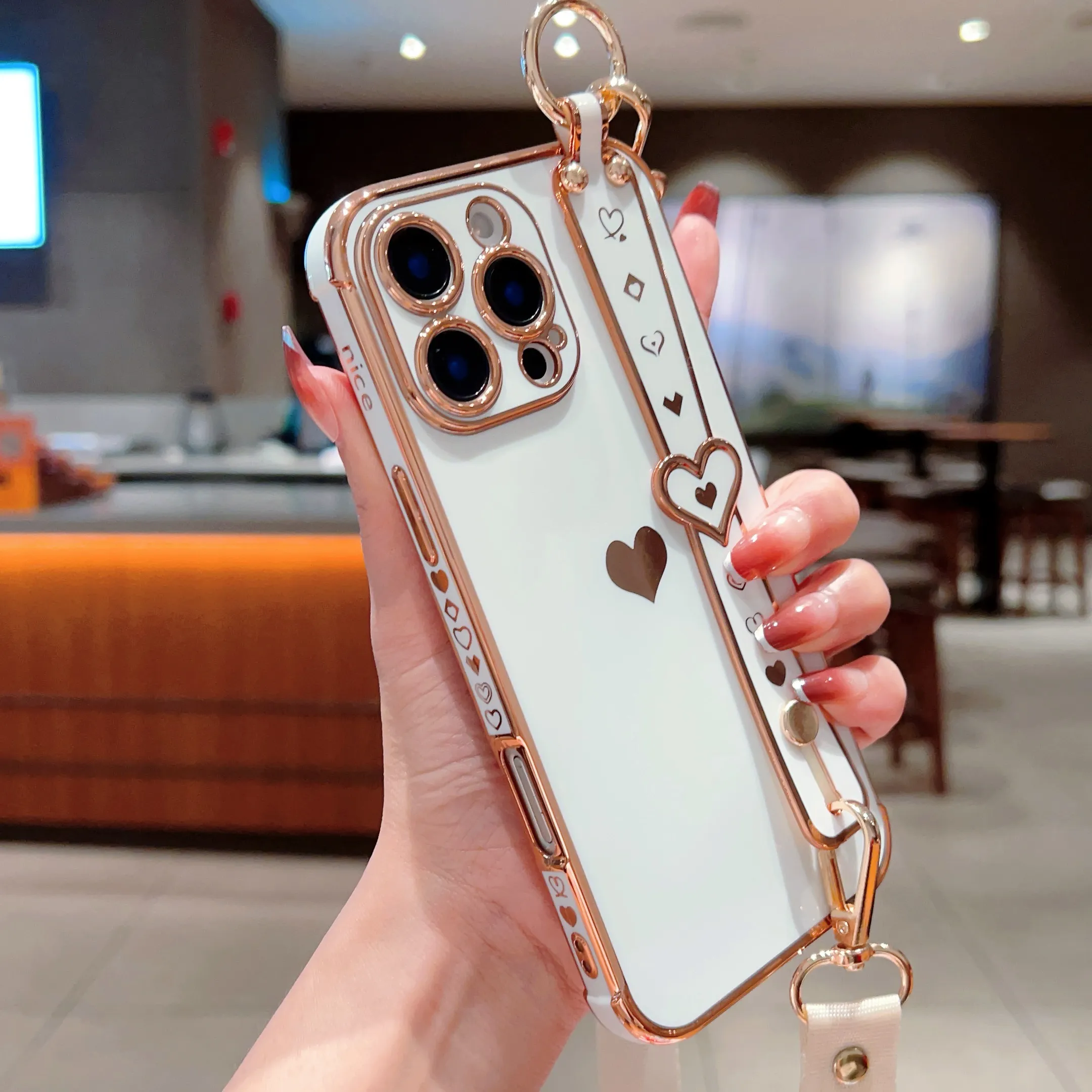 Elegant Heart-Shaped Phone Case: With Adjustable Strap For Security - Protective Mobile Accessory_voghion.com