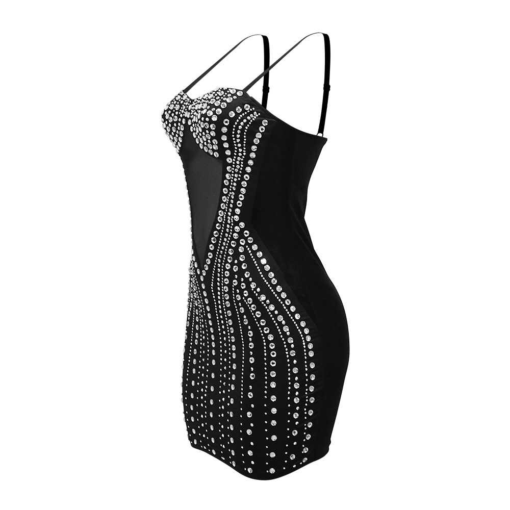 Damenbekleidung, sexy, heißes, durchsichtiges, hüftbedeckendes, ärmelloses Strapskleid aus Diamant-Samt-Spleißnetz für Damen_voghion.com