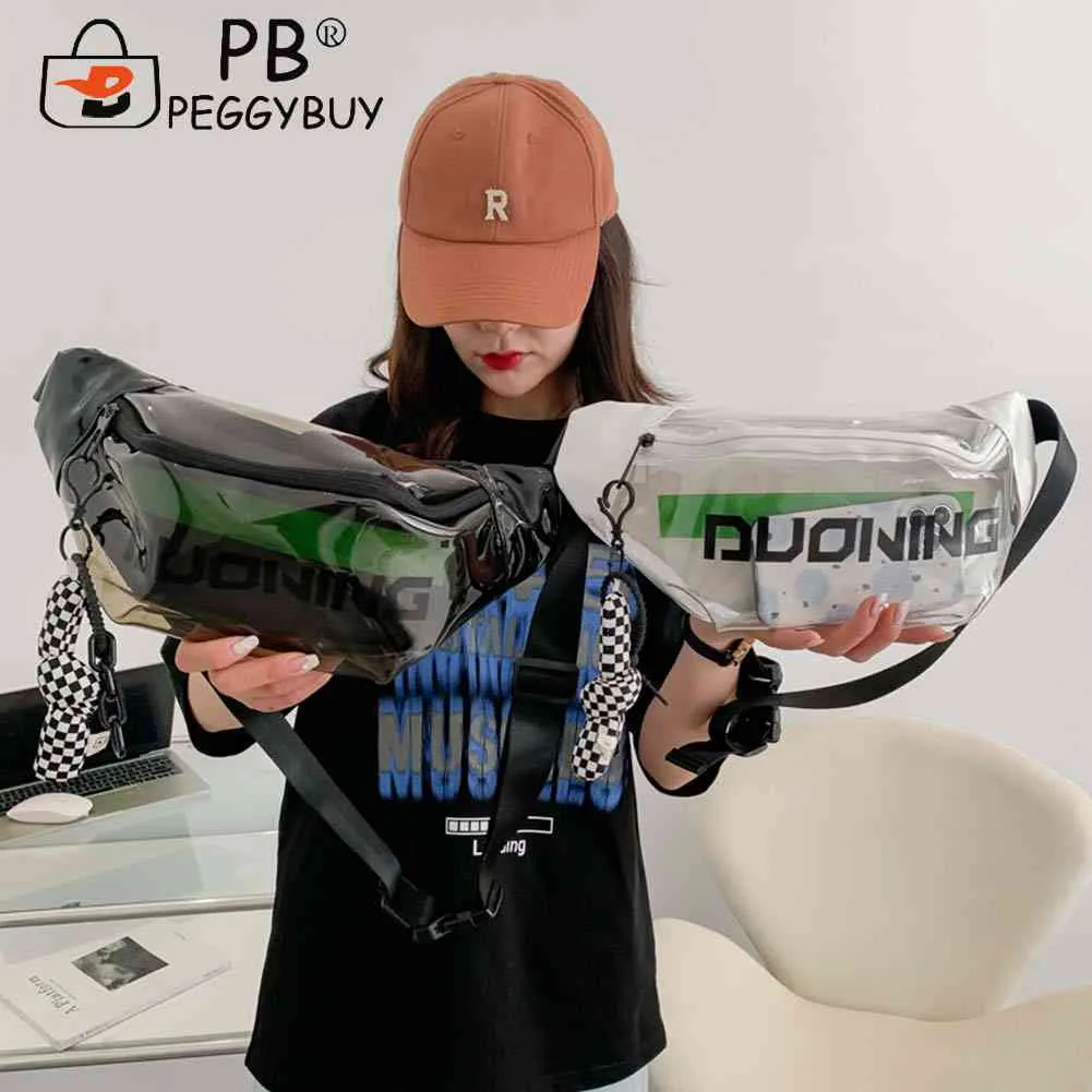 Fashion Fanny Packs Unisex Clear PVC Waist Pouch Multi-functional Letter Printed With Pendant Adjustable Buckle Strap_voghion.com