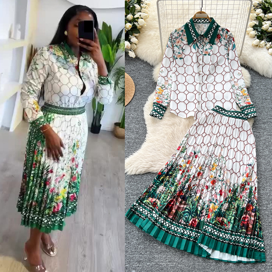 Women's Clothing Fashion Suit For Women, Retro Contrast Color Printing, Long Sleeved Shirt + High Waist A Line Pleated Skirt