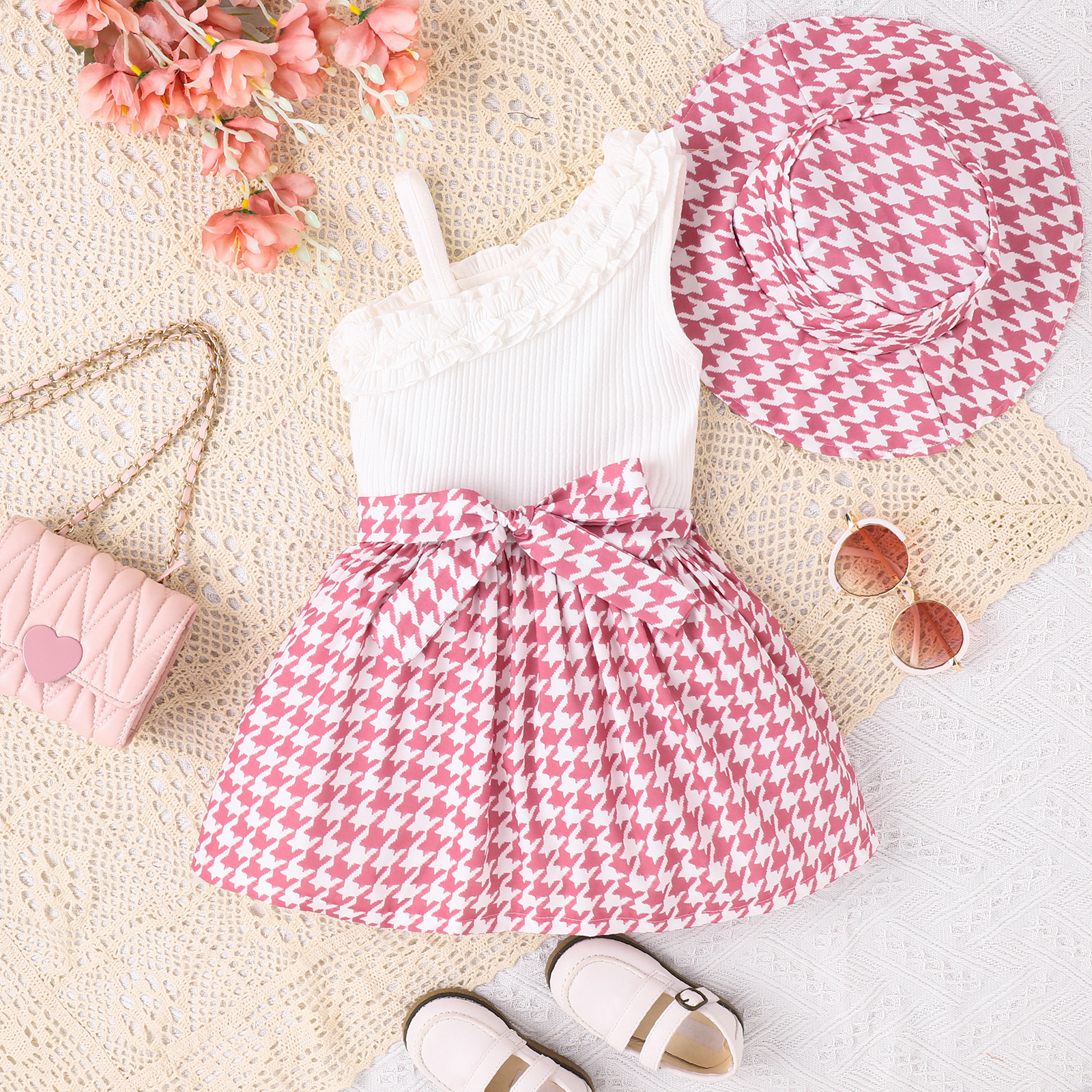 Abbigliamento per bambini Vestito estivo per ragazze, nuovo, con spalle oblique, in pizzo, senza maniche, con fiocco pied de poule e cappello_voghion.com