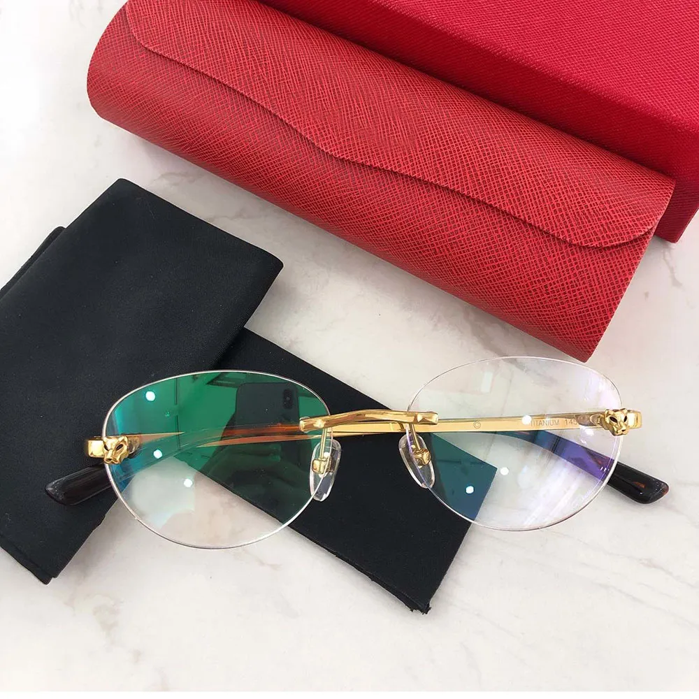 Titanium Optical Glasses Leopard head decoration Frame Rimless Anti blue light Round Classic Men Women Accessories_voghion.com