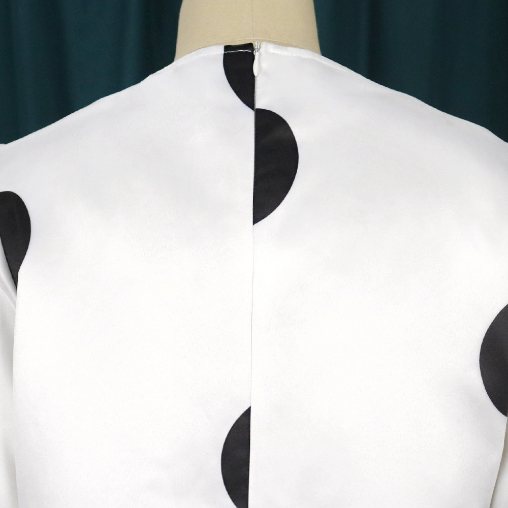 Lockeres Kleid mit Rundhalsausschnitt, Fliege und Punktemuster, Partykleid, weißes Kleid_voghion.com