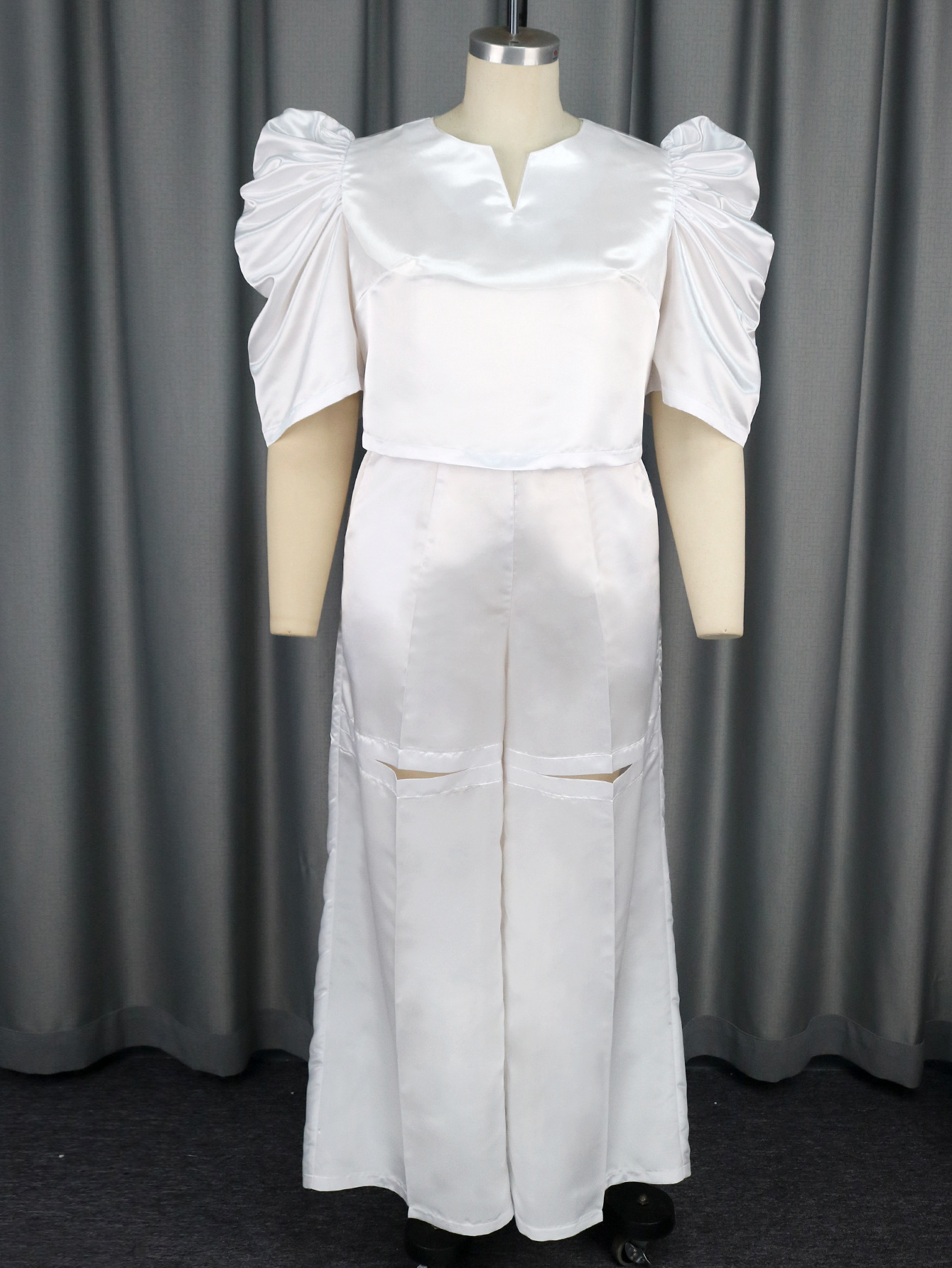Women's solid color half-open collar top high waist wide leg pants suit large size female two-piece set_voghion.com