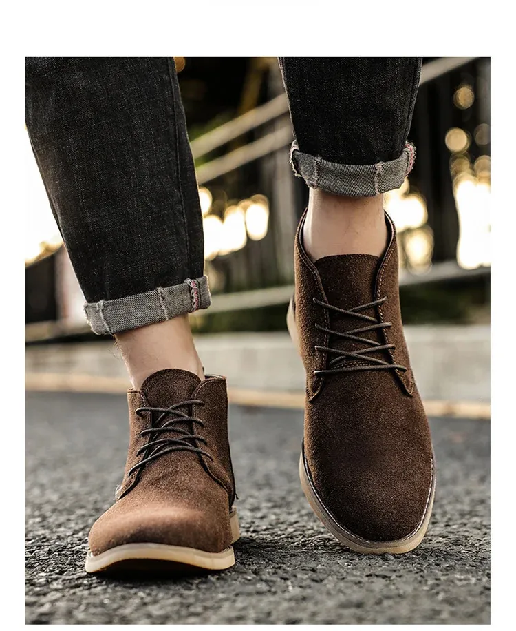 Chaussures en cuir suédé kaki de Style britannique bottines en dentelle confortables hommes Botas Para Hombre 250425_voghion.com