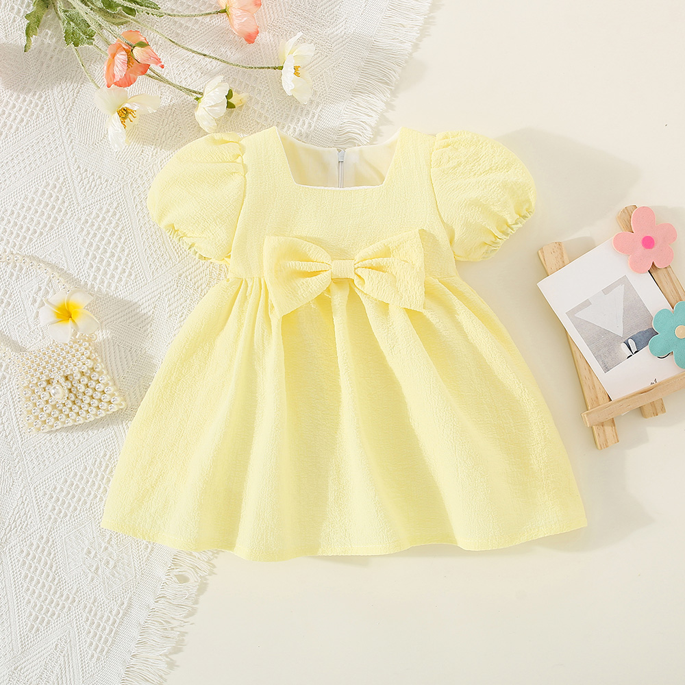 Vestido de verano de manga corta para niña, color liso, con mangas abullonadas y lazo, ropa cómoda para niños_voghion.com