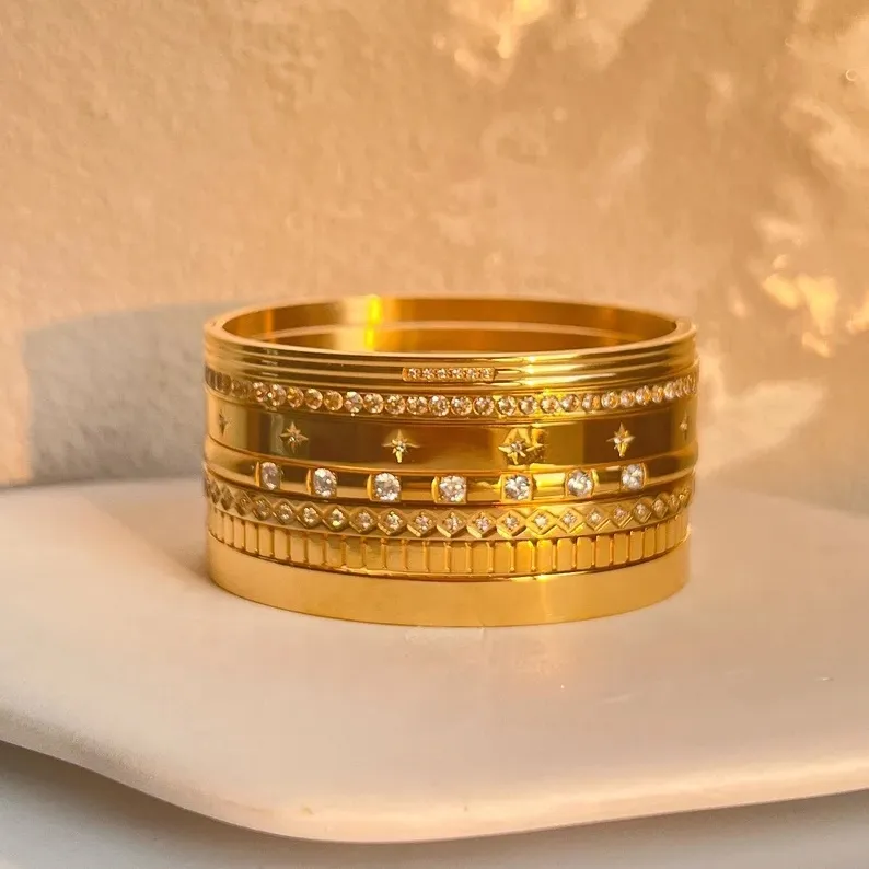 New Waterproof Stainless Steel Stacking Open CZ Cuff Bangles Gold Plated Star Zircon Bracelet Women INS Summer 2022_voghion.com