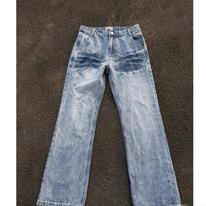 ​​Light Blue Lightning Wash Jeans – Men’s Cleanfit Vintage Bootcut Denim (Curved Hem, Streetwear Style)​​_voghion.com