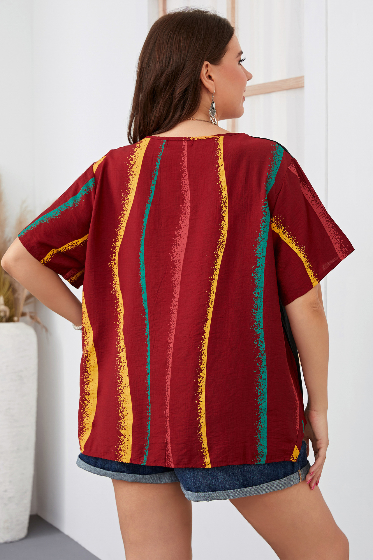 Women's striped contrast color large size women's shirt slim round neck women's clothing_voghion.com