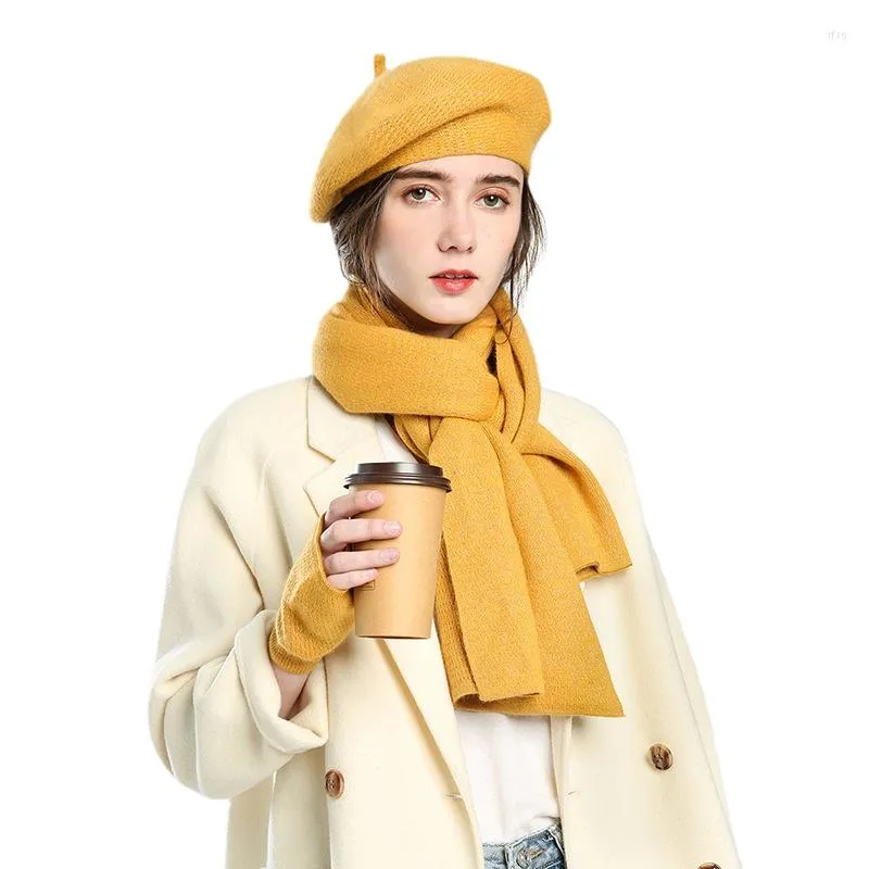 Hats Sets Scarves Beret Autumn Pure Color Wool Painter Hat Female Gloves Scarf Three-piece Set_voghion.com