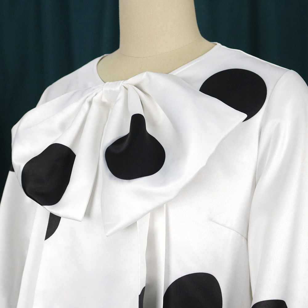 Lockeres Kleid mit Rundhalsausschnitt, Fliege und Punktemuster, Partykleid, weißes Kleid_voghion.com