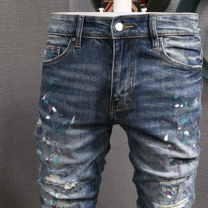 Jean en denim extensible pour homme, coupe motard, coupe slim, patch peint, jambe, pantalon de cowboy_voghion.com