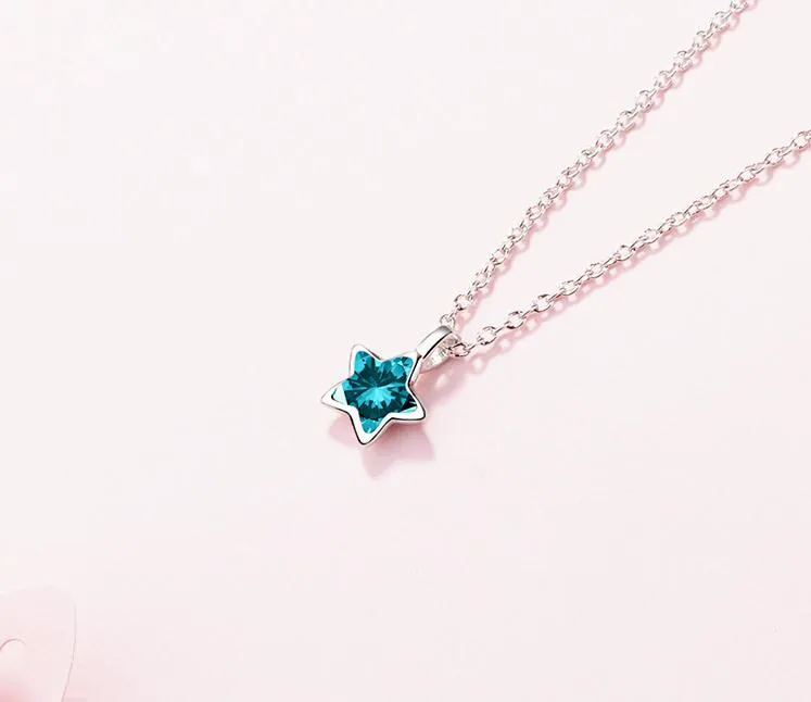 Ankunft Sterling Silber Mode Blau Kristall Stern Damen Ketten Halsketten Frauen Mädchen Schmuck Kurze Kette Geschenk Kein Verblassen_voghion.com