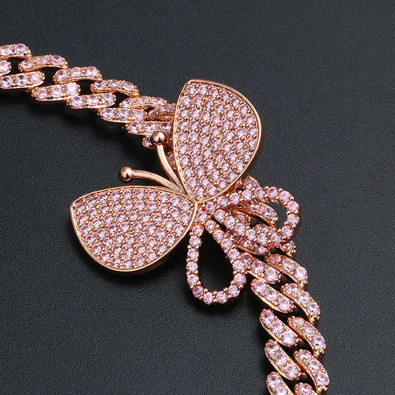 Collana con catena cubana a farfalla in oro rosa placcato con ghiaccio per le donne_voghion.com