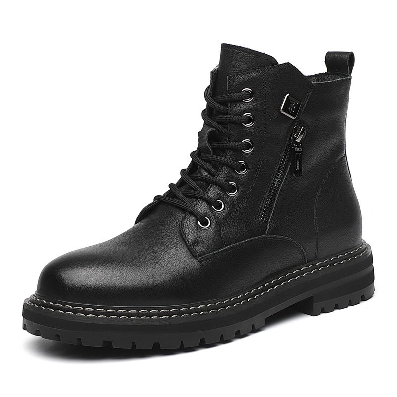 Men's first layer cowhide ankle British plus fleece work trend high top men's shoes motorcycle boots_voghion.com