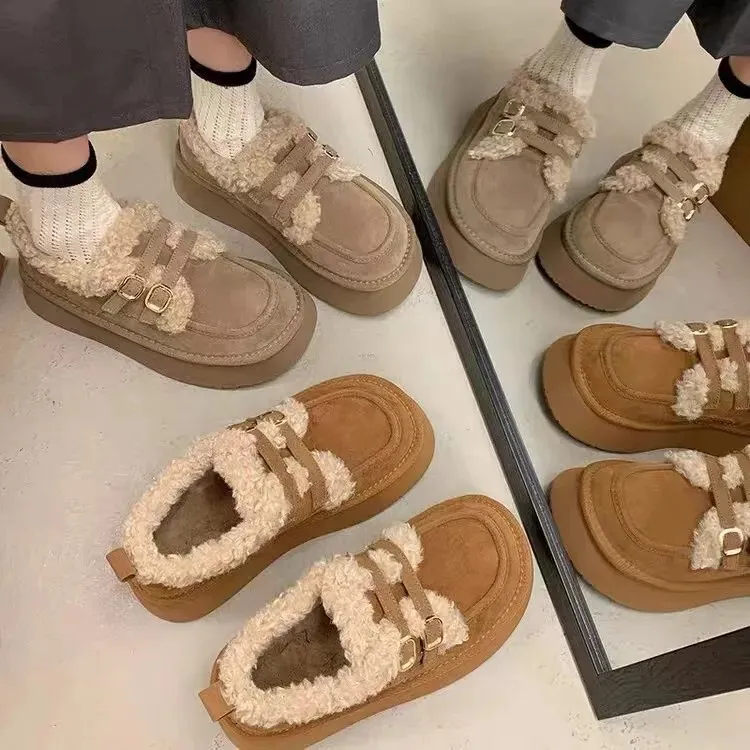 2024 New Fashionable Lazy Thick Soled For Women's Winter Outerwear, One Step Stepping Snow Cotton Shoes, Retro Plush_voghion.com