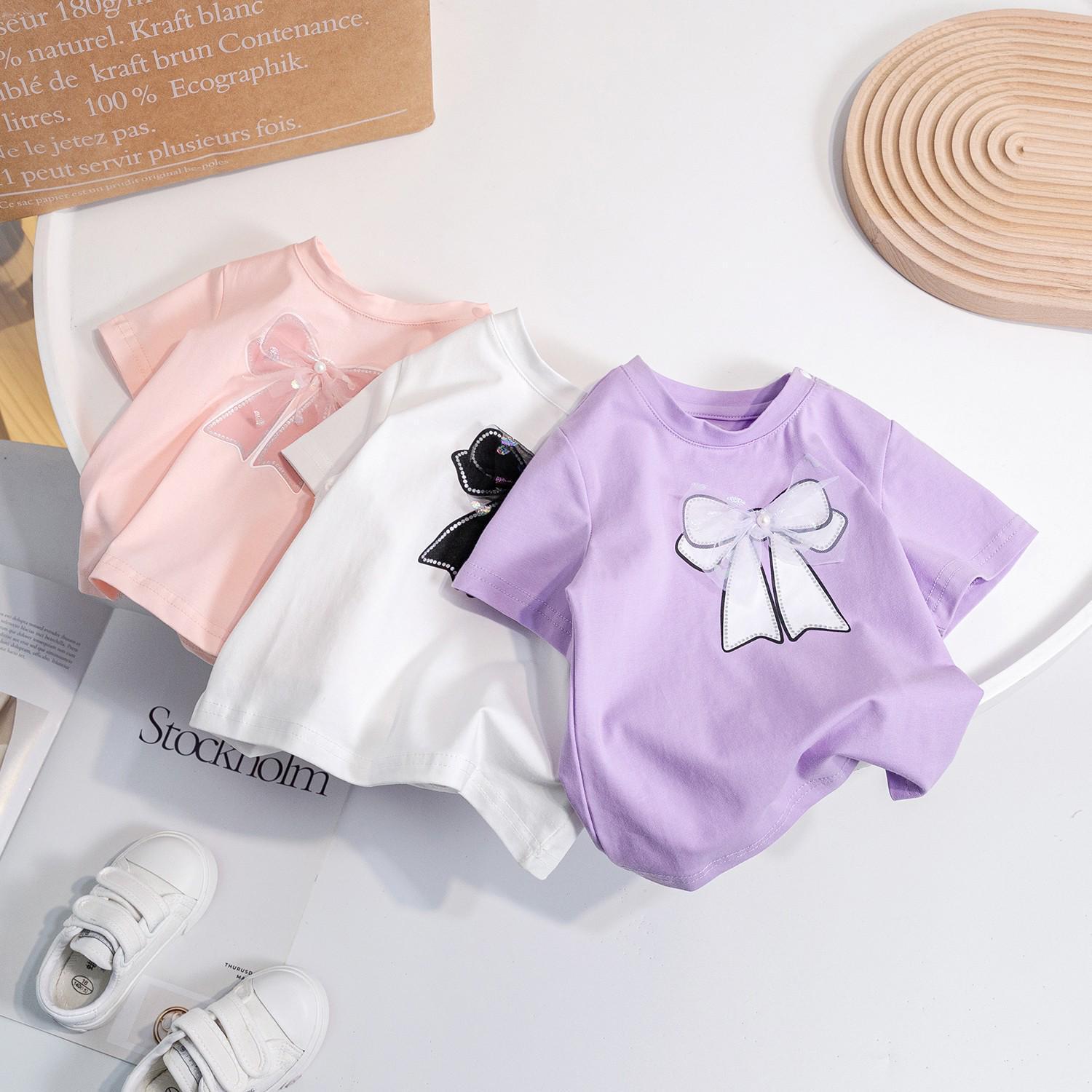 Baby Clothing Children's summer short sleeve candy color fashion simple bow small children short sleeve sweet T-shirt_voghion.com