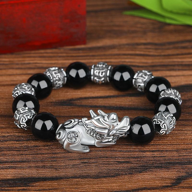 Sterg 3D Hard Retro Men's Domineering Thai Brave Fortune Ancient Sier Obsidian Beads Bracelet_voghion.com