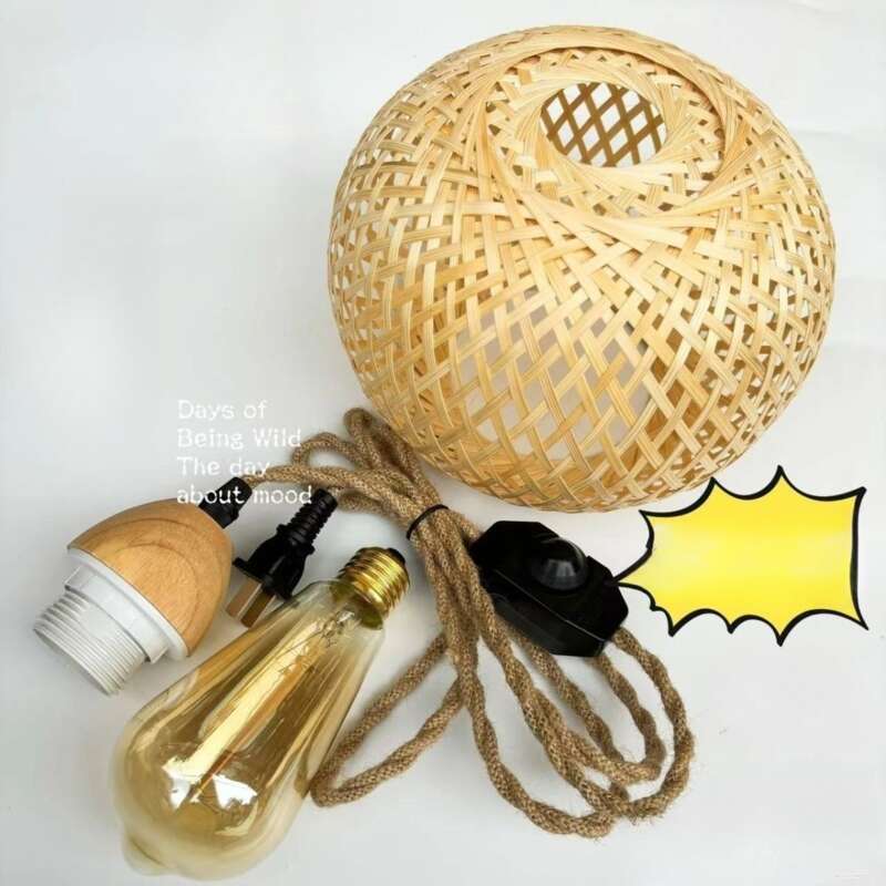rope Pendant Dimming Knob Switch Power Root Carving Tree Branch Hanging Light Cord Bamboo Woven Lampshade_voghion.com