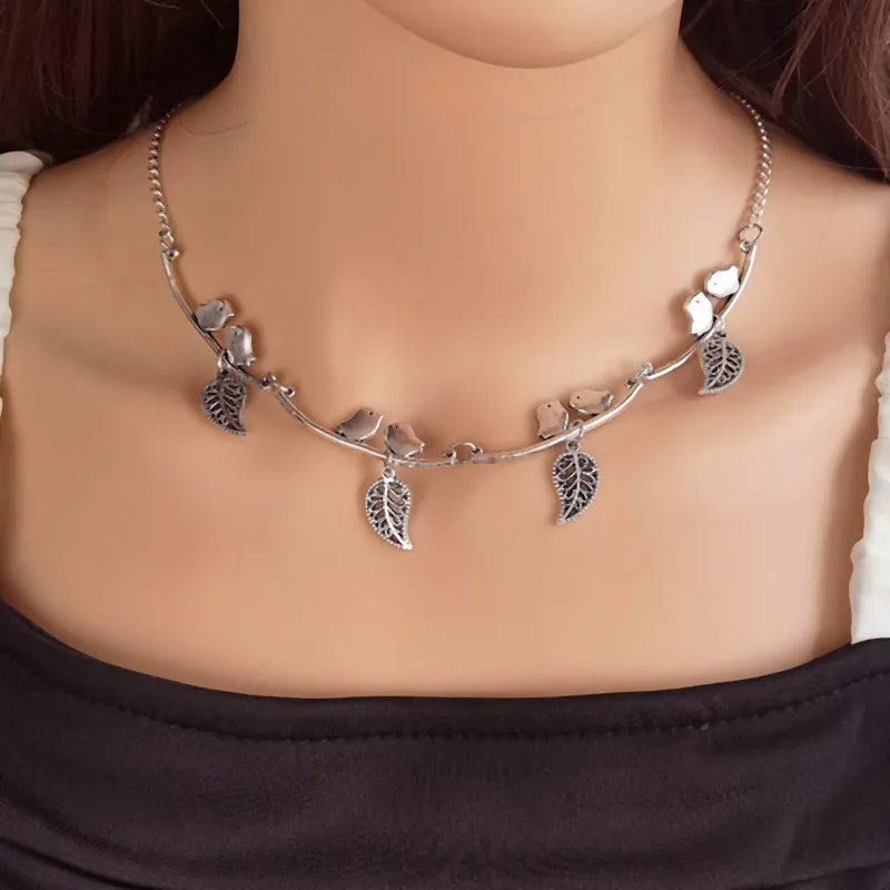 Halsketten mit Anhänger, Vintage-Stil, Blatt und Vögel, Anhänger für Frauen, Statement-Halskette, Kragenschmuck_voghion.com