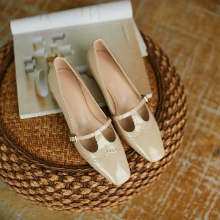 Shoes Spring/Autumn Patent Leather Solid Color T-shaped Buckle Pumps Square Toe Chunky Heel Versatile Mary Jane For_voghion.com