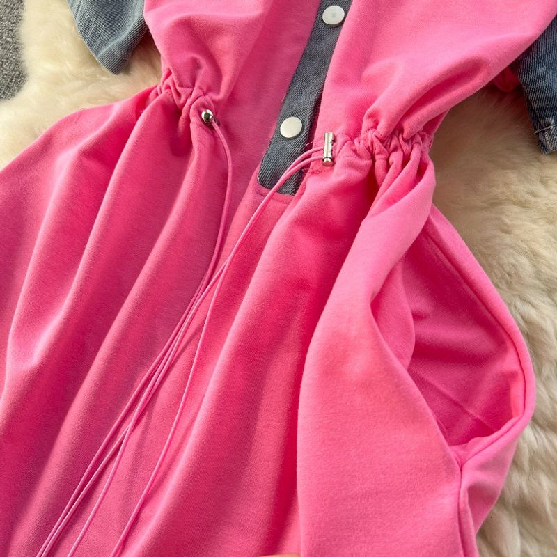 Dammekleeder Denim Hemdärmelen mat Schnür an der Taille Kuerz altersreduzéierend Kleed fir Fraen_voghion.com