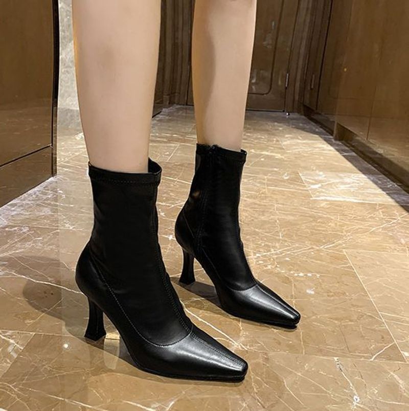 Schuhe Halbhohe Damenstiefel mit mittelhohem Absatz, braune Schuhe für Damen, mit Absätzen, elegant, wasserdicht, Winter 2023, Neuheit, schick_voghion.com