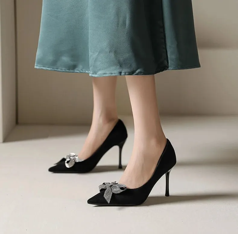 Scarpe da donna con tacco alto, estive, stiletto, per ufficio, nere, con punta a punta e fiocco, con tacco alla moda_voghion.com