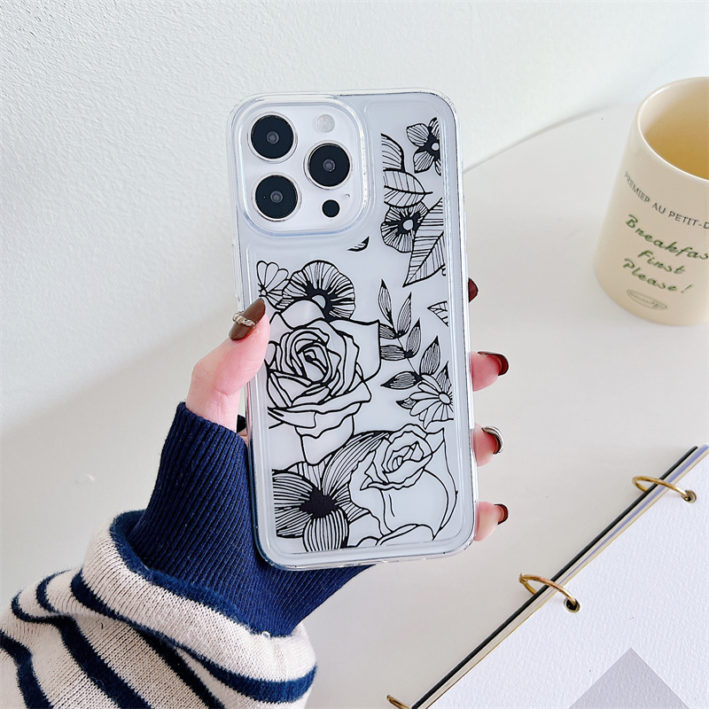 Blommigt genomskinligt telefonskal för iPhone 15 14 Plus 13 12 11 Pro Max stötsäkert silikon mjukt TPU bakstycke_voghion.com