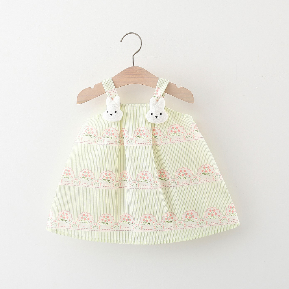 Vestido de verano para niña con estampado de lunares y flores, con tirantes de conejo y cremallera_voghion.com