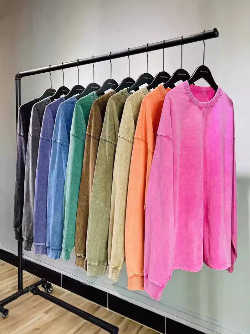 Ropa de mujer Camiseta lavada de manga larga Top retro holgado de cuello redondo de otoño e invierno
