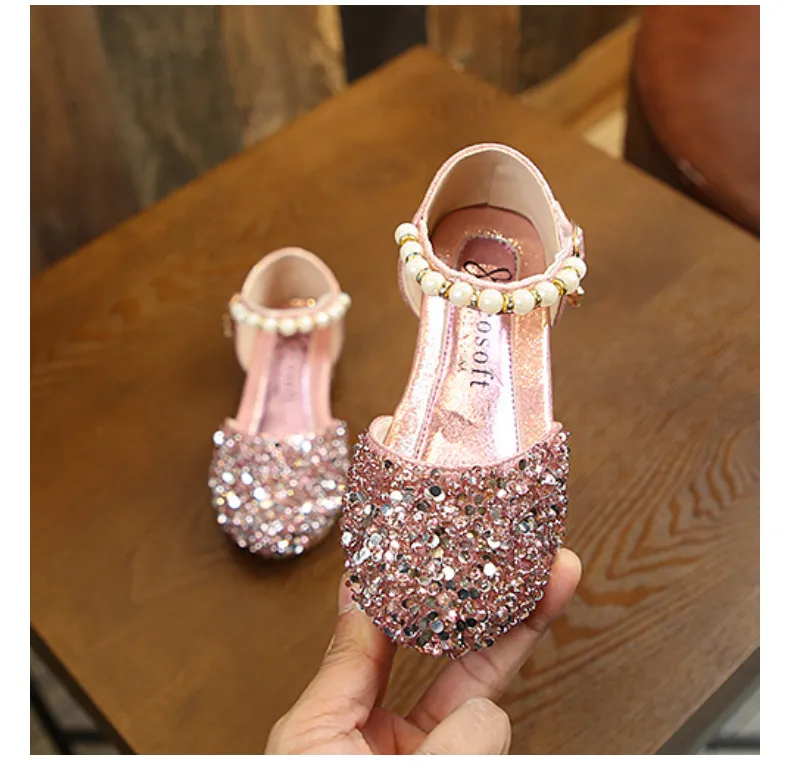 Sandali da bambina, con paillettes, perle, argento, oro, rosa, estivi e primaverili, per bambine, alla moda, per feste e balli, per bambini._voghion.com