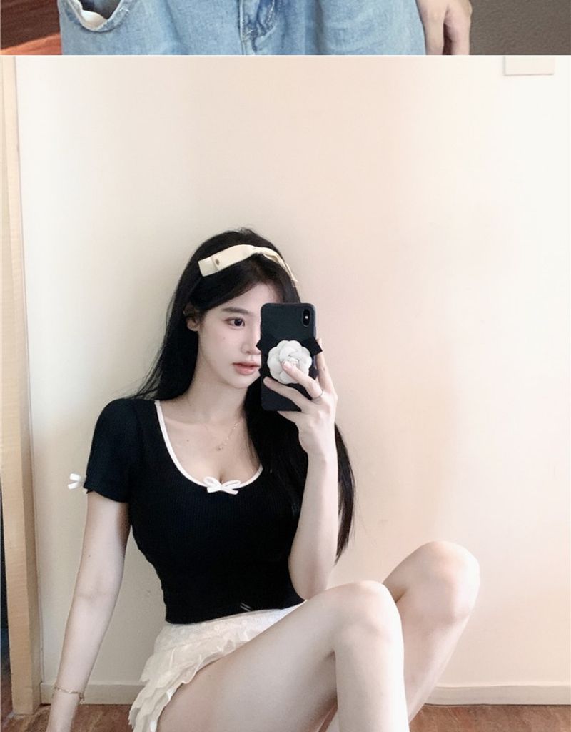 Tricou de vară pentru femei, cu mânecă scurtă, decolteu scurt, cu fundă, Pure Desire, sexy, cu claviculă expusă, cu fundă în U_voghion.com