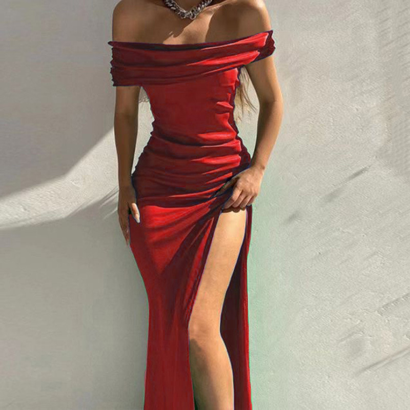 Nuovo stile, tinta unita, maniche corte, lunghezza media, abito scollo dritto, abito da sera sexy_voghion.com