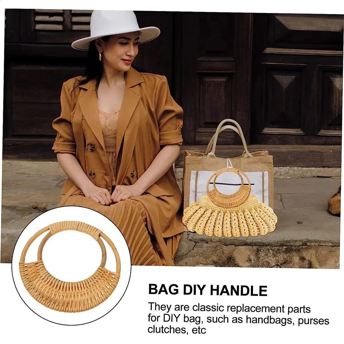 Borsa a mano in rattan intrecciato con manici di ricambio per tracolla per borsa fai da te, accessori per borse in bambù retrò 240731_voghion.com