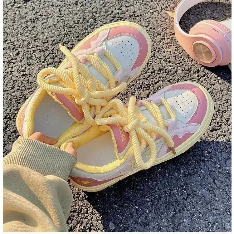 SHANPA Dolce Rosa Donna Sportivo Stile Coreano Moda Kawaii Patchwork Donna Sneakers Casual Leggero Scarpe con Lacci_voghion.com