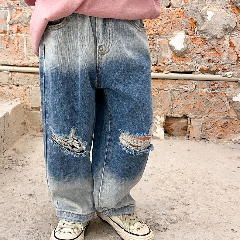 Jeans déchirés pour mères et enfants, pantalons à jambes larges et droites progressives, pour garçons et filles, tendance de la mode_voghion.com