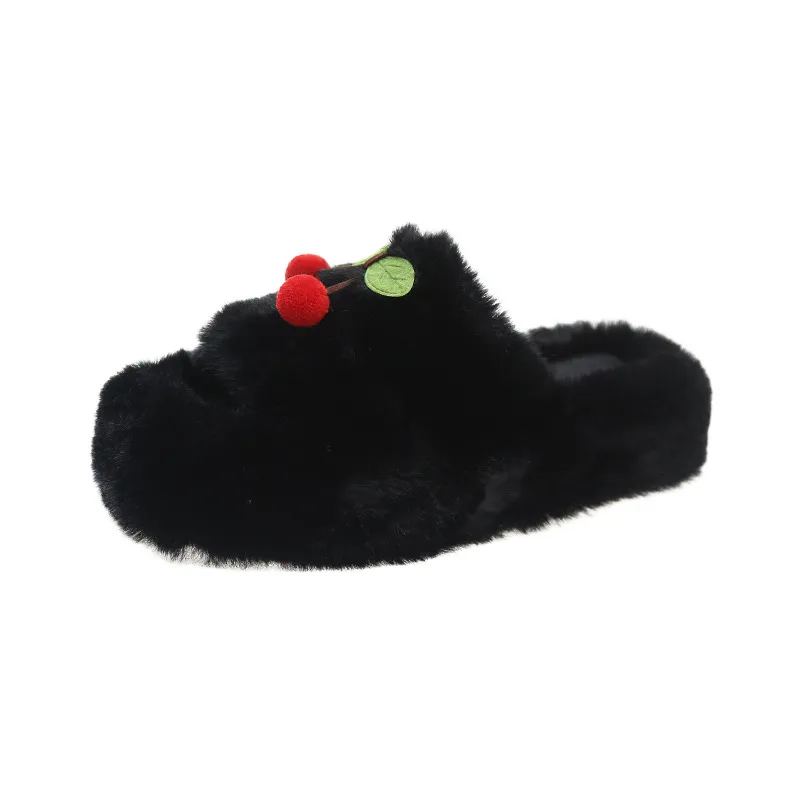 Papuci drăguți de designer cu imprimeu de cireșe pentru femei, fete, doamne, toamnă și iarnă, calde, cu blană, pufoase, de pluș, pentru femei_voghion.com