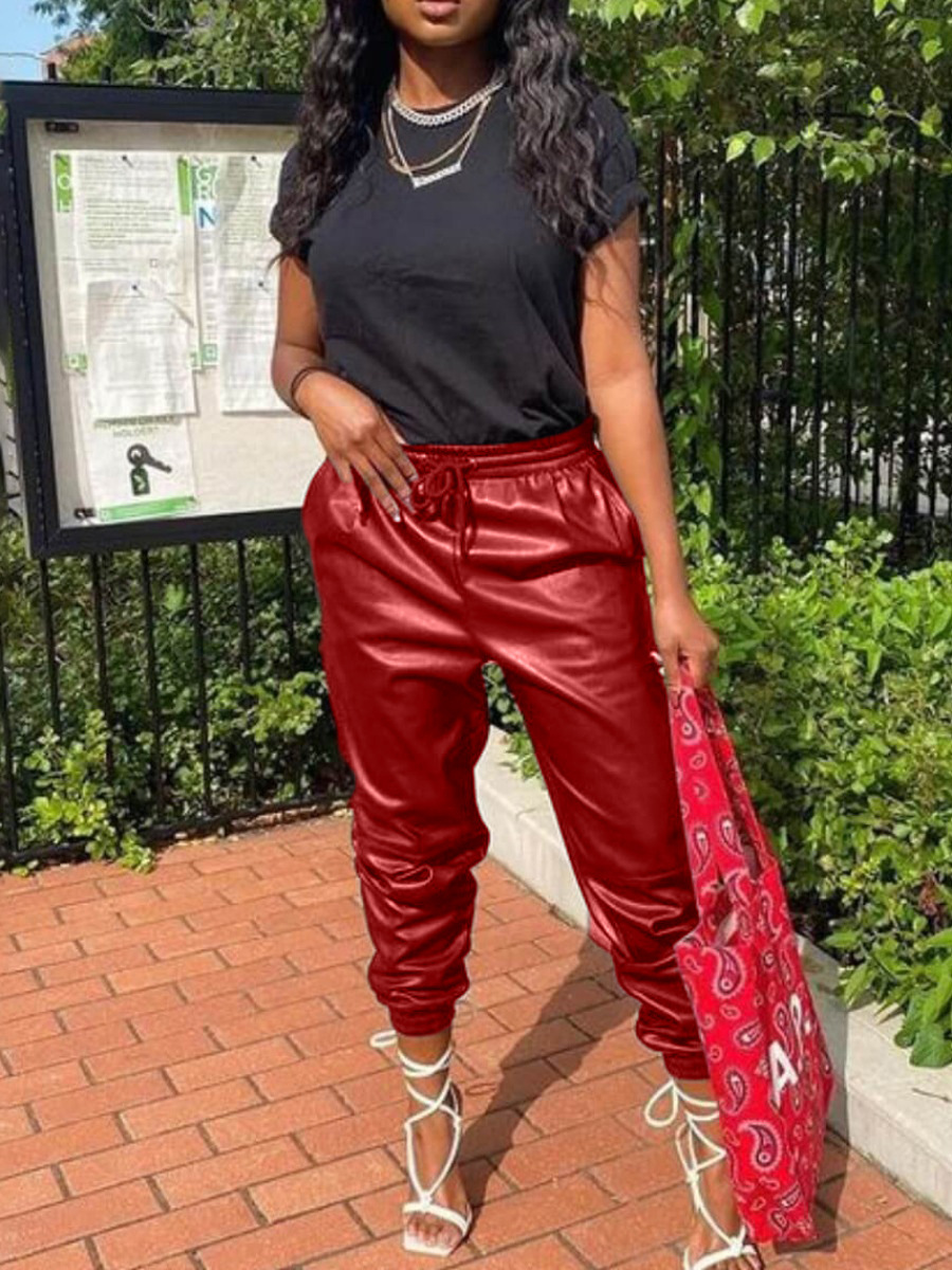 women's clothing autumn and winter hot new fashion versatile sexy bright color stretch PU large size leather pants_voghion.com