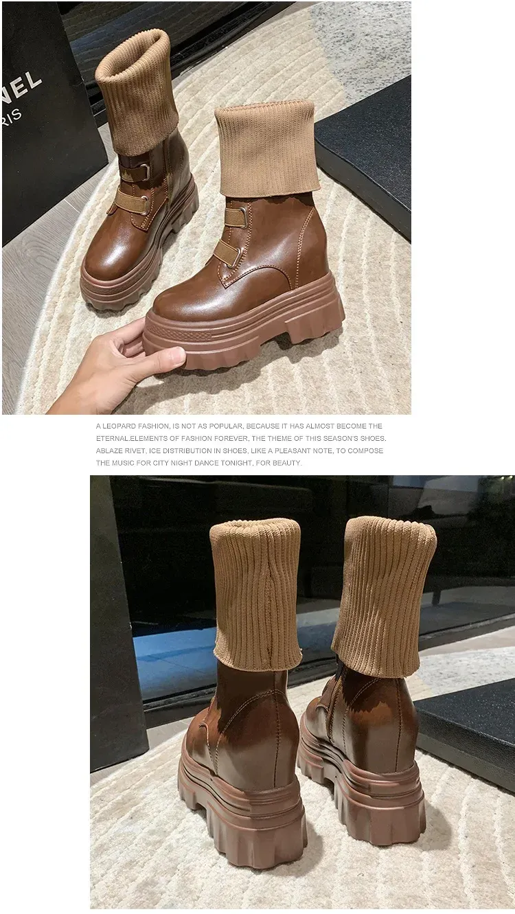 Platform Women Gothic Elastic Band Wedges Boots Frosted Leather Thick Sole Punk Internal Increated Short Botas Mujer_voghion.com