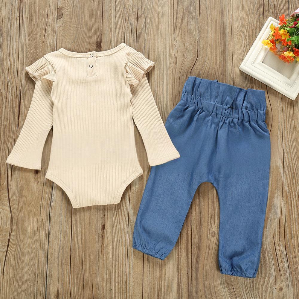 ​​Girls' Ribbed Long-Sleeve Top & Denim Pants Set – Soft Pink & Classic Blue (80-100cm, 1-3 Years)​​_voghion.com