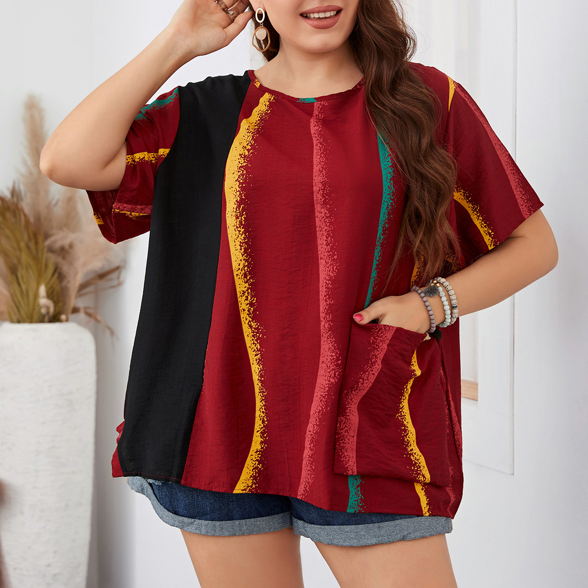 Women's striped contrast color large size women's shirt slim round neck women's clothing_voghion.com