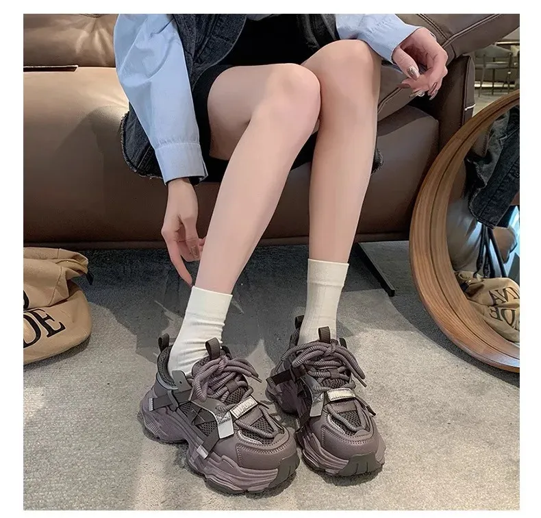 Dames Chunky Sneakers Lente Ademend Mesh Platform Sport Vrouw Mode Veterschoenen Dikke Zool Casual Schoenen Mujer 240618_voghion.com