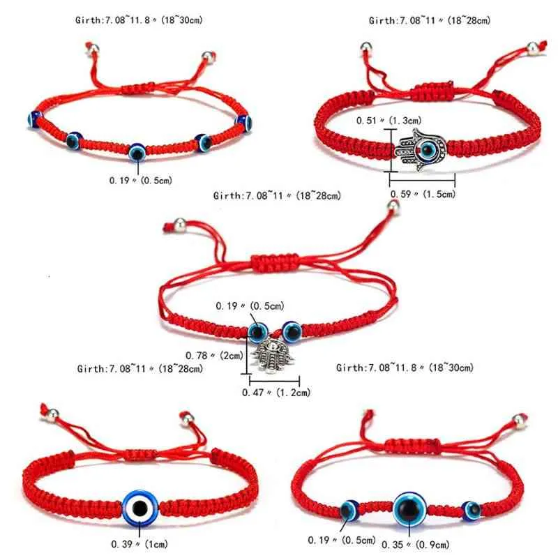 5-teiliges türkisches Armband-Set mit bösem Blick und Glücksbringer, Kabbala, rote Schnur, verstellbare blaue Perlen, Glücksschmuck, Unisex_voghion.com
