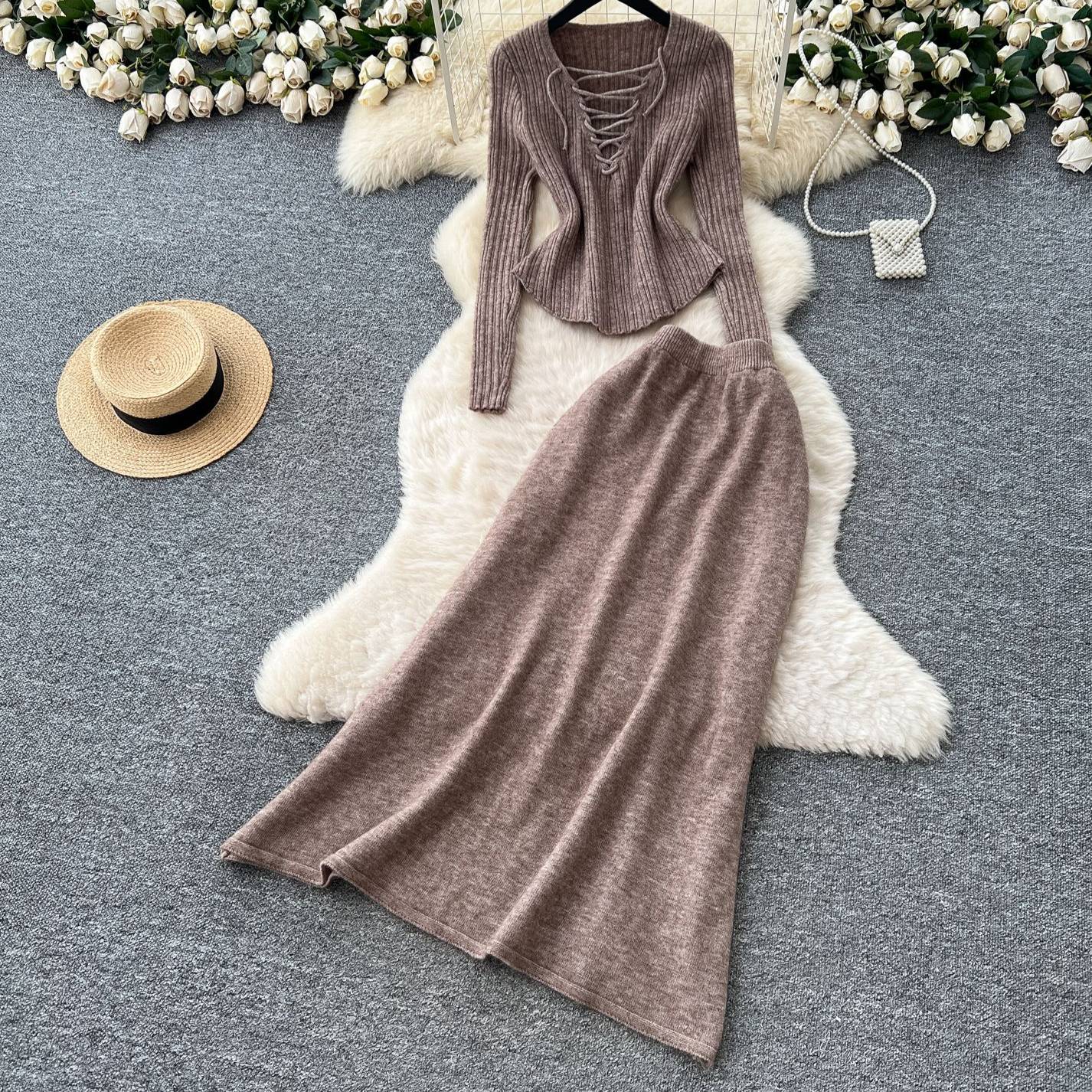 ​​Elegant Two-Piece Outfit – Lace-Up V-Neck Sweater & High-Waist Flared Skirt Set, Feminine & Flowy Fall/Winter Knit Dress Ensemble​​_voghion.com